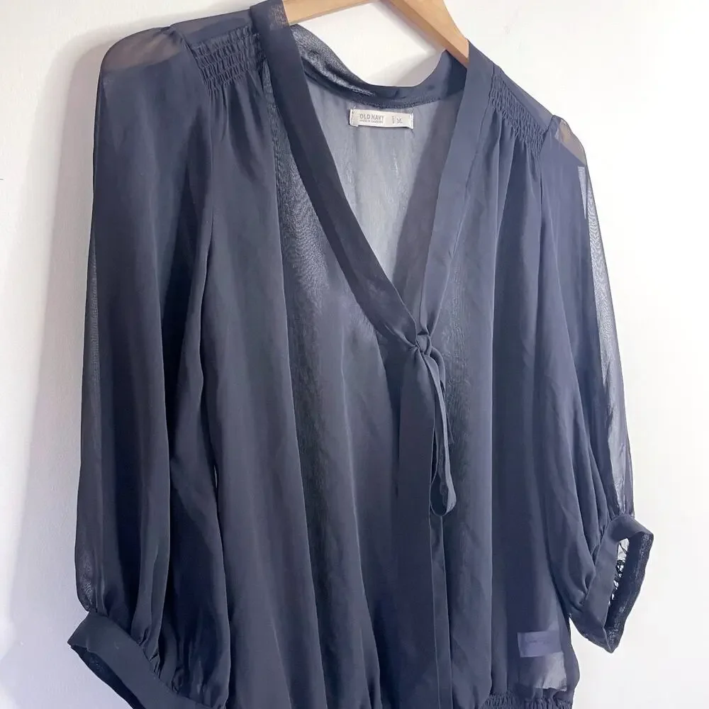 Sheer Black Bow Tie Blouse Top Medium‎ Minimalist Romantic Capsule Parisian